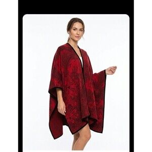 CHICOS Poncho Wrap Women One Size Red Black Paisley Jacquard Shawl LAYER